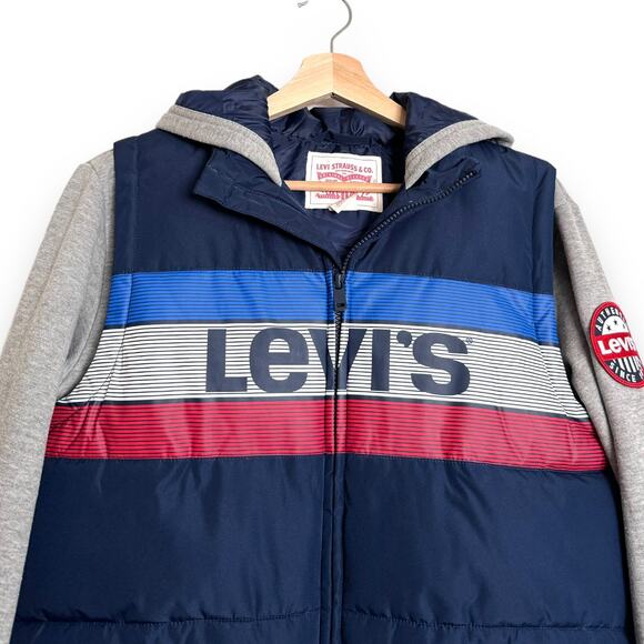 Levi’s Spell Out Logo Full Zip Blue and Gray Puffer Vest Hoodie Boys Size L - Picture 3 of 9